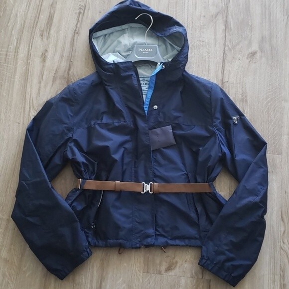 Prada Womens Navy Chic Feminine Edgy Luxury Tan Belted Windbreaker Size 46 - Picture 1 of 7